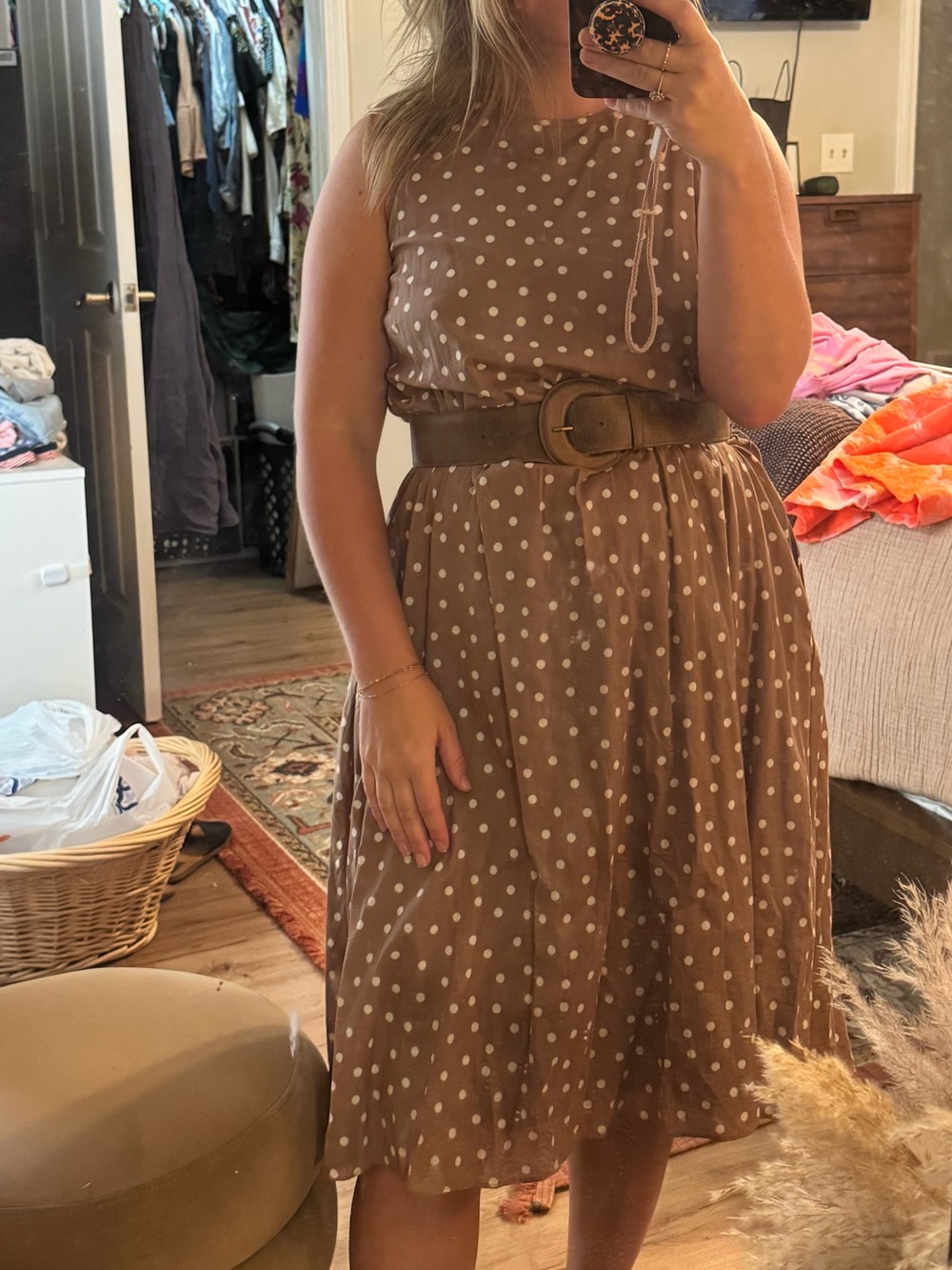 Kasper Brown Polka Dot Sleeveless Midi Dress